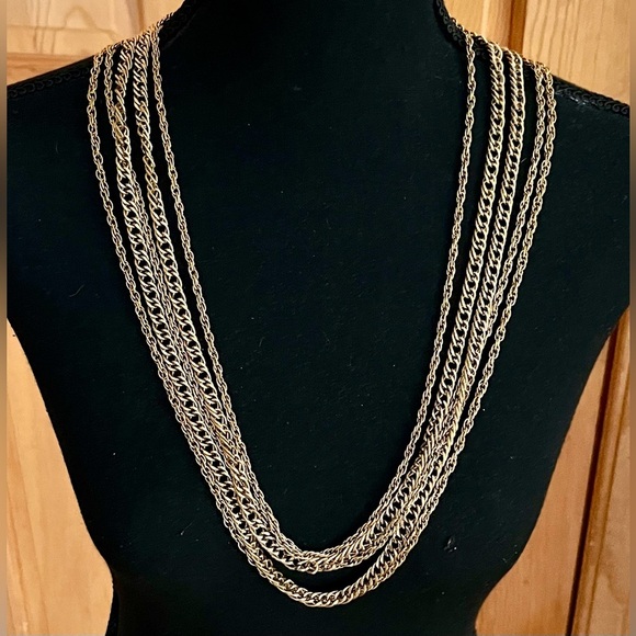 Trifari Gold Five Multi-Layer Necklace Signed 1950’s 1960’s Chain Retro VTG Gift - Picture 4 of 11